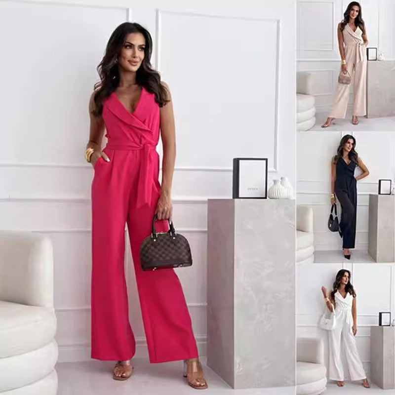 Ärmelloser Jumpsuit mit V-Ausschnitt, Taillenbesatz und Schnürung für Damen