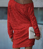 Fashion Oblique Shoulder Sequins Dress Ins Long-sleeved Dresses