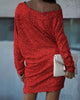 Fashion Oblique Shoulder Sequins Dress Ins Long-sleeved Dresses