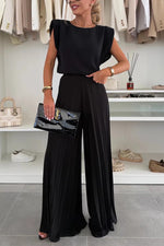 Round Neck Sleeveless Top Pleated Wide-leg Trousers Two-piece Set