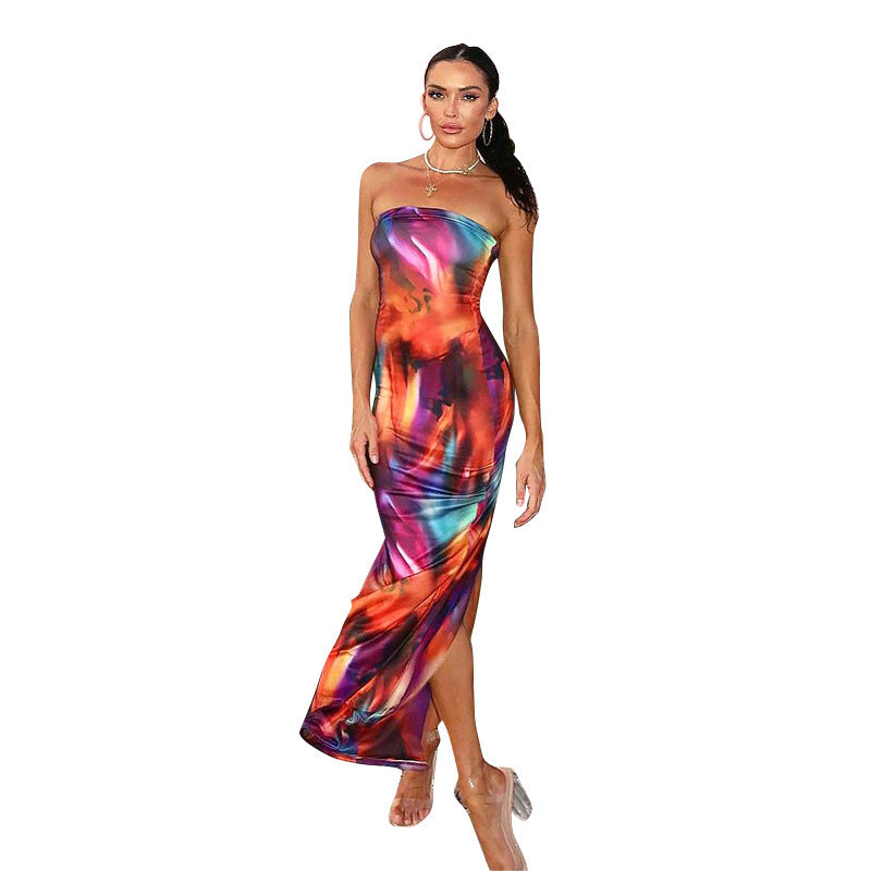 Color Blooming Printed Tube Top Long Dress