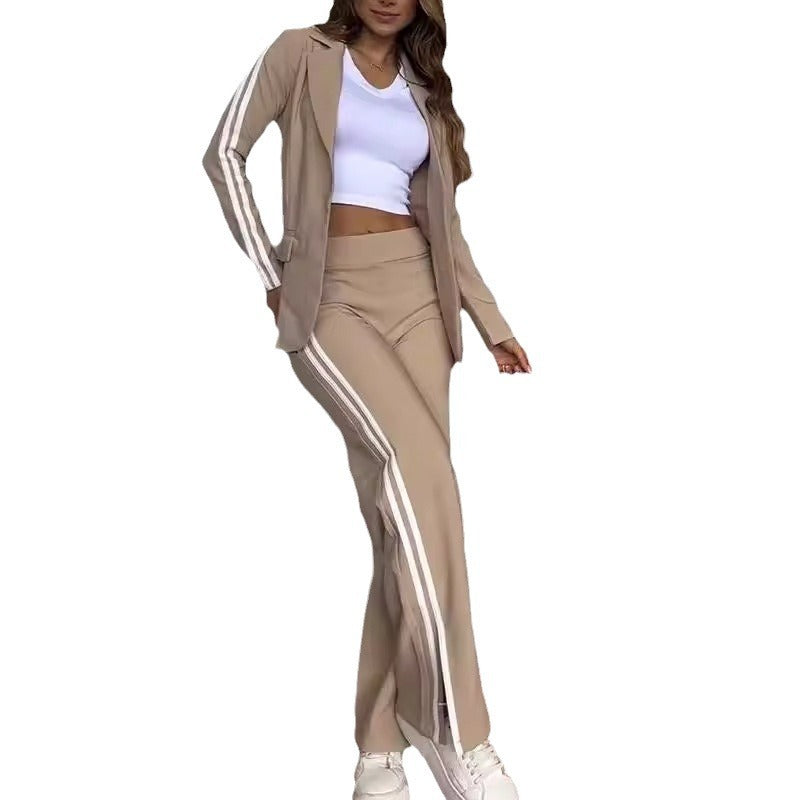 Lässiger Damenanzug mit Polokragen und Hose mit weitem Bein, zweiteiliger Anzug