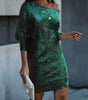 Fashion Oblique Shoulder Sequins Dress Ins Long-sleeved Dresses