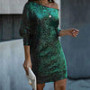 Fashion Oblique Shoulder Sequins Dress Ins Long-sleeved Dresses