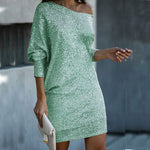 Fashion Oblique Shoulder Sequins Dress Ins Long-sleeved Dresses