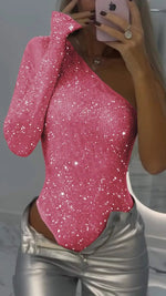 Hot Girl Sexy One-shoulder Tight Rhinestone Sequins Top