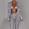 3-Piece Shiny Blazer Set: Bra, Lapel Jacket & Straight-Leg Trousers for Women