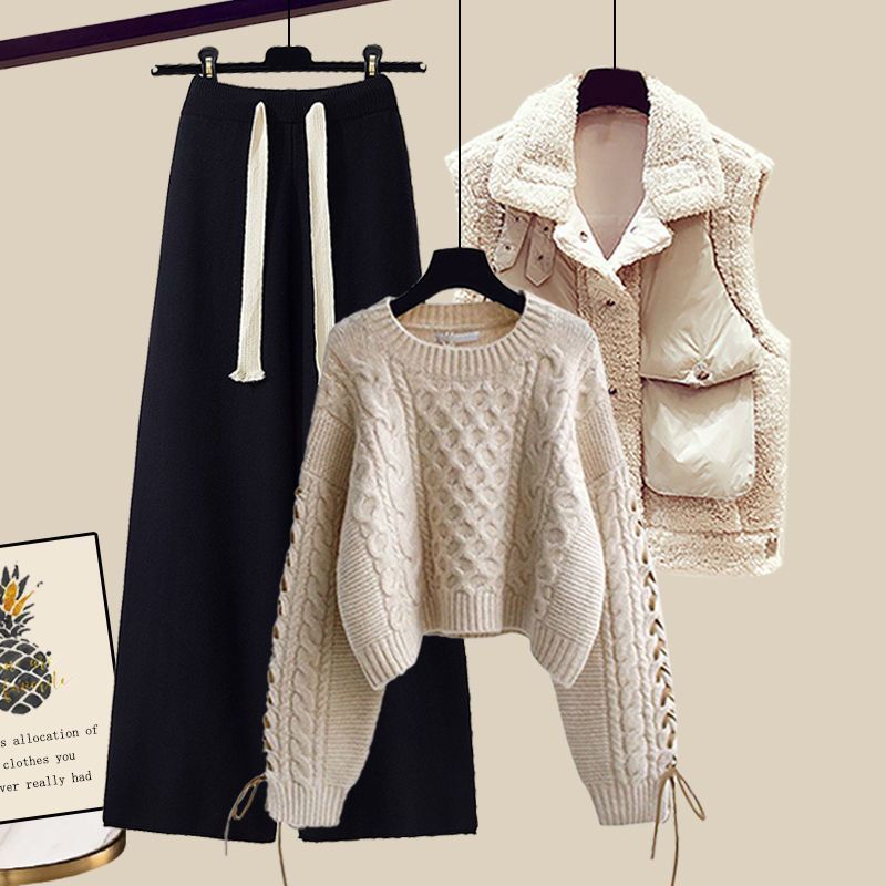 Women’s Autumn/Winter Knitted 3-Piece Set – Vest, Sweater & Wide-Leg Pants