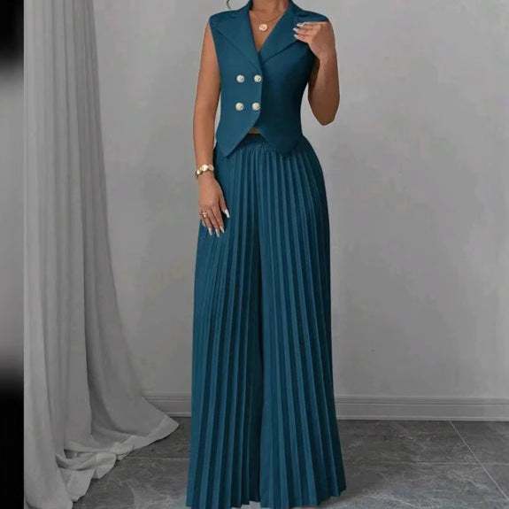 Women's Summer Sleeveless Suit – Button Vest & Pleated Pants Set