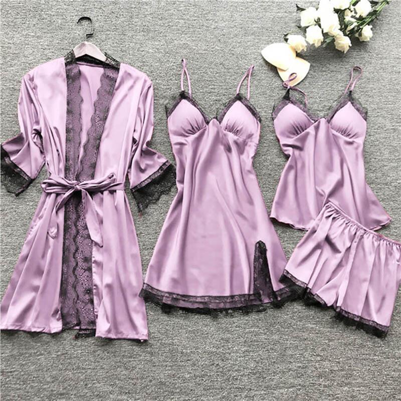 Women's Suspender Pajamas 4-piece Set With Chest Pad