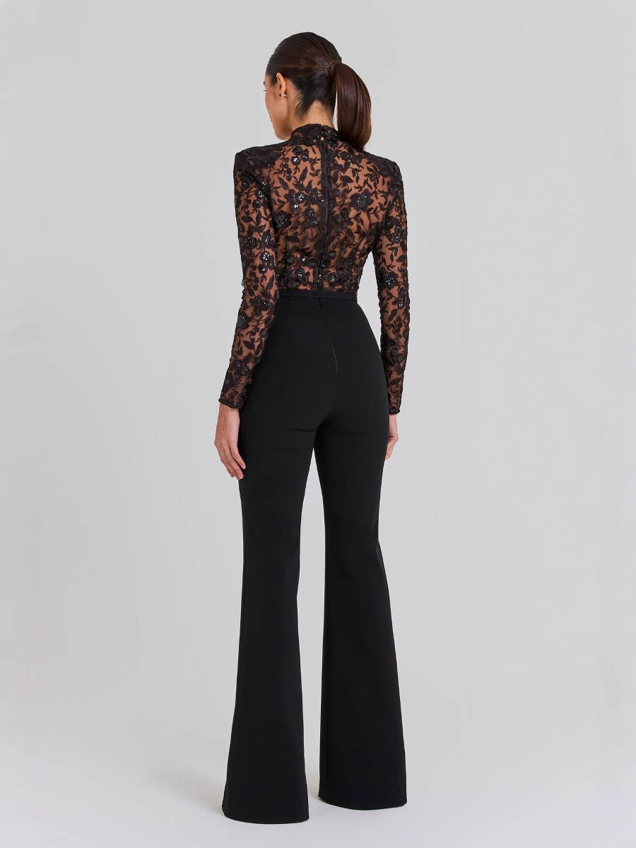 Black See-through Lace Long-sleeved Trousers Jumpsuit