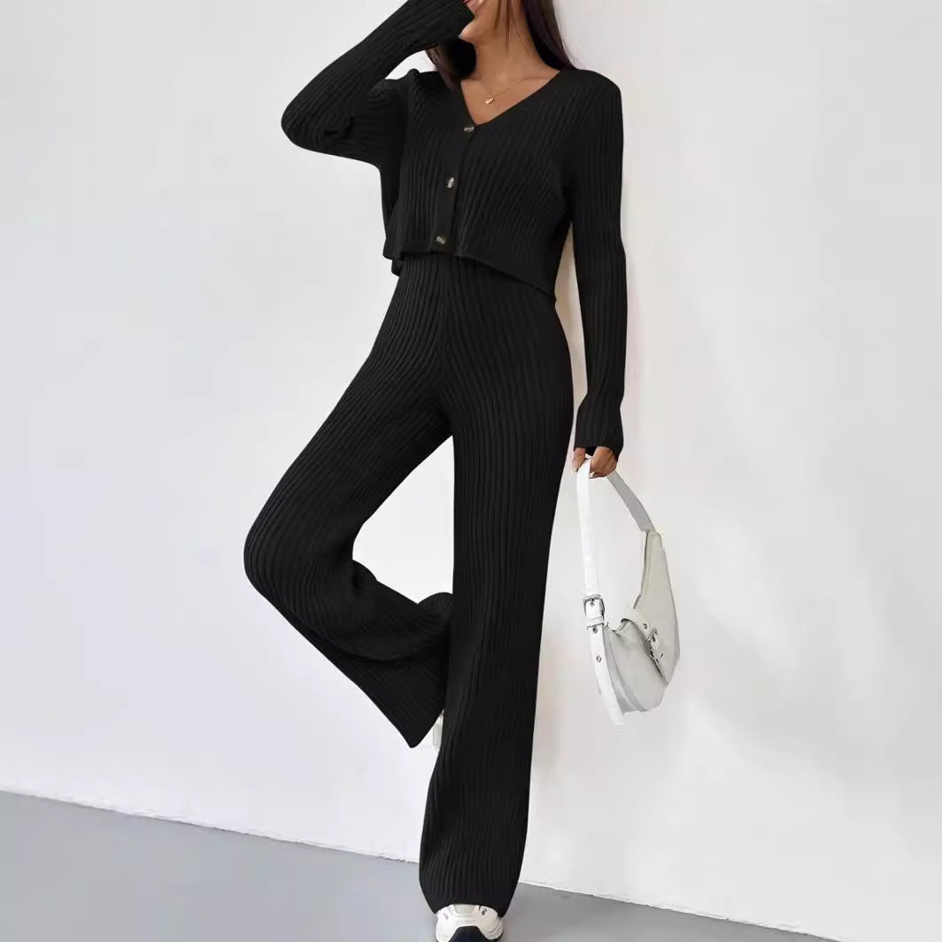 Two-piece Women's V-neck Short Knitted Cardigan Bootcut Trousers Versatile Casual Women's Clothing
