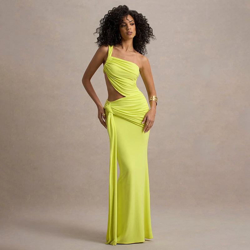 Solid Color Irregular Side Streamers Wear Pleated Dress