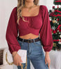 Leisure Lantern Sleeve Lace-up Waist Chiffon Shirt Midriff-baring Top