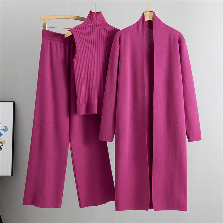 Women’s 3-Piece Knit Set – Sleeveless Vest, Long Cardigan & Wide-Leg Pants