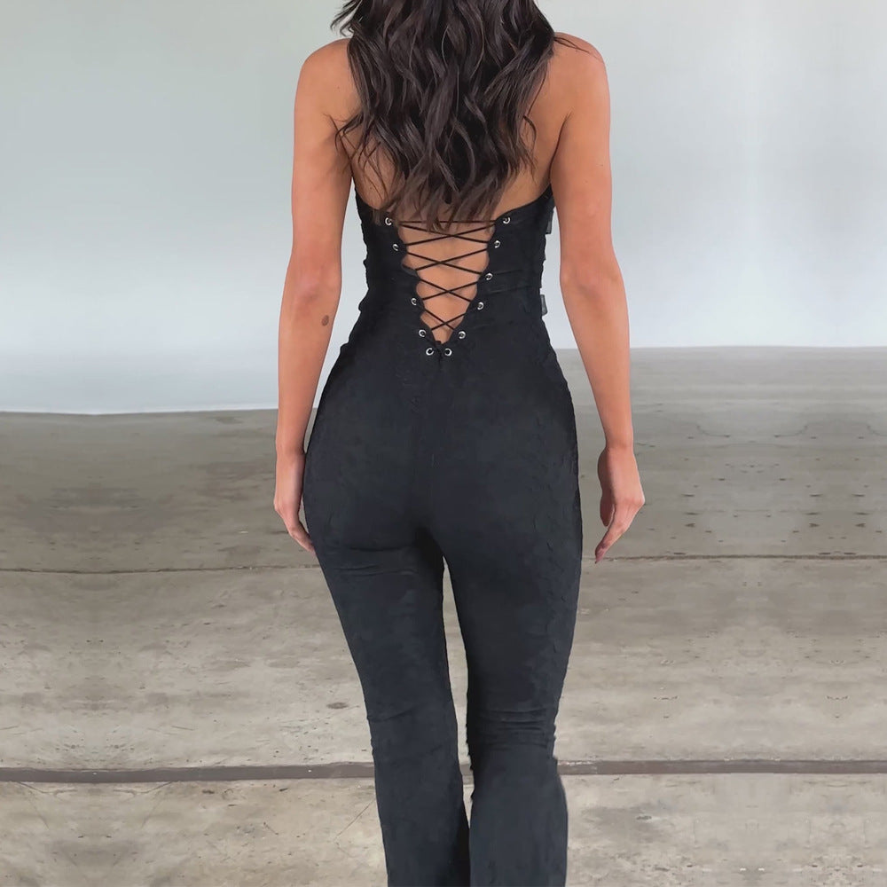 Women's Lace Lash Rope Lace Up Slim Fit Halter Jumpsuit