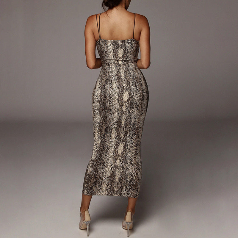 V-neck snake print suspender midi dress