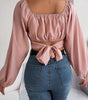 Leisure Lantern Sleeve Lace-up Waist Chiffon Shirt Midriff-baring Top