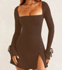 Square-neck Long Sleeve Split Dress – Slim & Stylish Short Skirt!