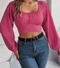 Leisure Lantern Sleeve Lace-up Waist Chiffon Shirt Midriff-baring Top