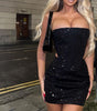Fashion Denim Sequined Tube Top Wide Leg Pants Suit