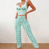 Cute Women's Colour-Block Pajama Set - Plaid Trousers & Letter Print Top