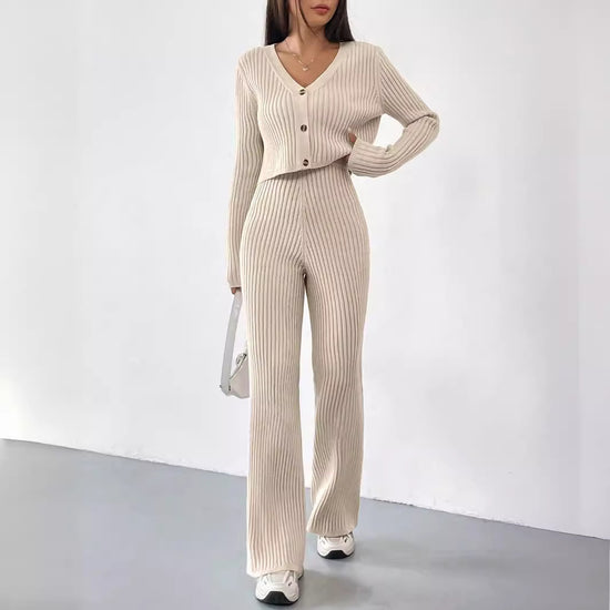 Two-piece Women's V-neck Short Knitted Cardigan Bootcut Trousers Versatile Casual Women's Clothing