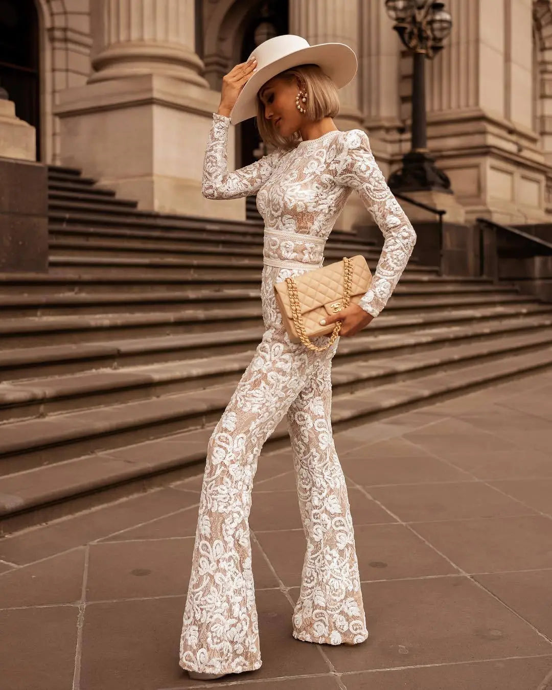 European And American Celebrity Style Composite Lace Slim Jumpsuit
