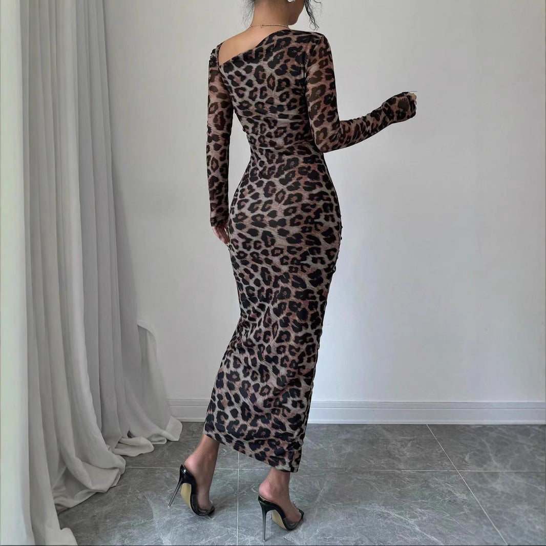 New Women's Round Neck Long Sleeve Sexy Leopard Print Dress