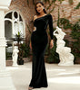 Long Sleeve Diagonal Collar Sexy Cutout Banquet Sheath Velvet Evening Dress