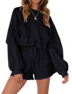 Loose Pullover & Drawstring Shorts Set - Women's Casual Sportswear