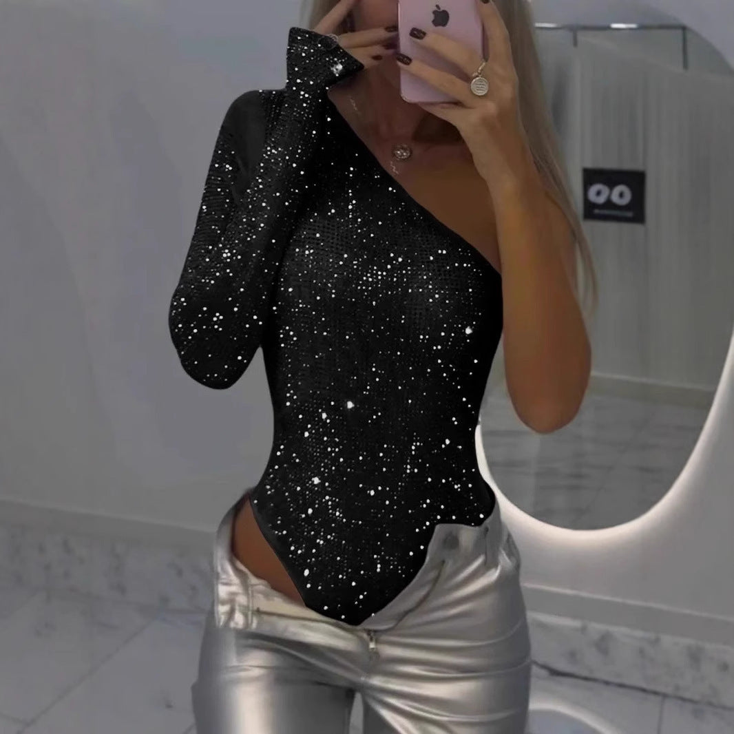 Hot Girl Sexy One-shoulder Tight Rhinestone Sequins Top