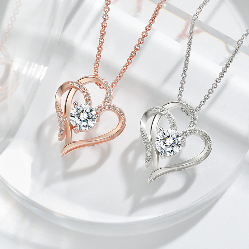 Zircon Double Love Necklace With Rhinestones Ins Personalized Heart