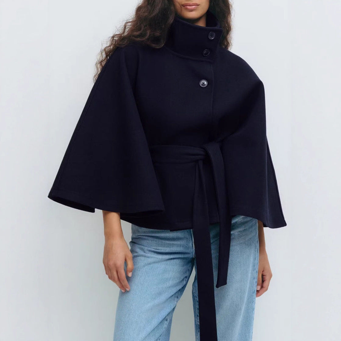 Winter High Neck Batwing Sleeve Coat With Belt Fashion Loose Elegant