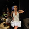 White Halter Slim Beaded Sleeveless Mesh Pleats Mini Dress