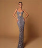 Fashion Backless V Sequined Suspender Ruffled Long Sheath Dress