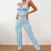 Cute Women's Colour-Block Pajama Set - Plaid Trousers & Letter Print Top