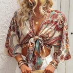 Women Bohemian Style Printed Long Sleeve Tie-Up Top