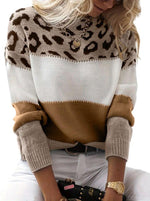 Colorblock Leopard Print Round Neck Casual Sweater Women's Clothing