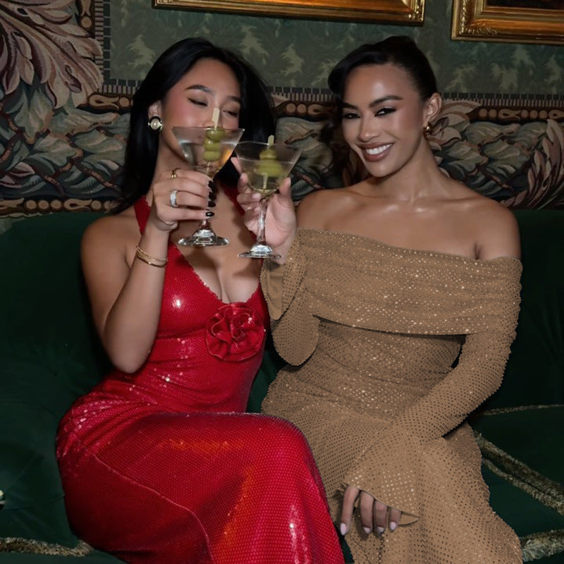 Midnight Allure | Backless Off-Shoulder Maxi Dress