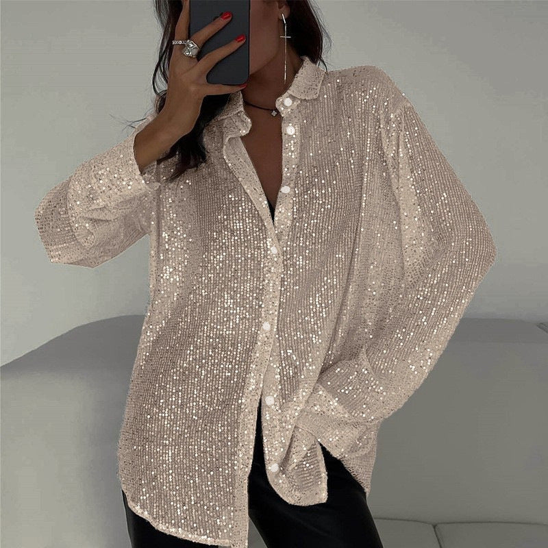 Sequin Long-Sleeve Party Top – Women's Street-Style Lapel Shirt