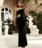 Long Sleeve Diagonal Collar Sexy Cutout Banquet Sheath Velvet Evening Dress