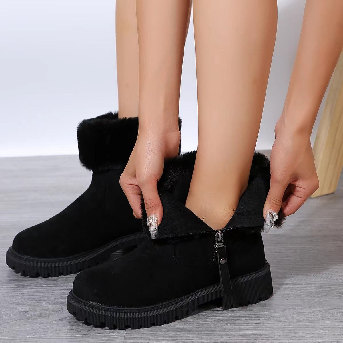 Plüsch-Schneestiefel für Damen – seitlicher Reißverschluss, niedriger Absatz