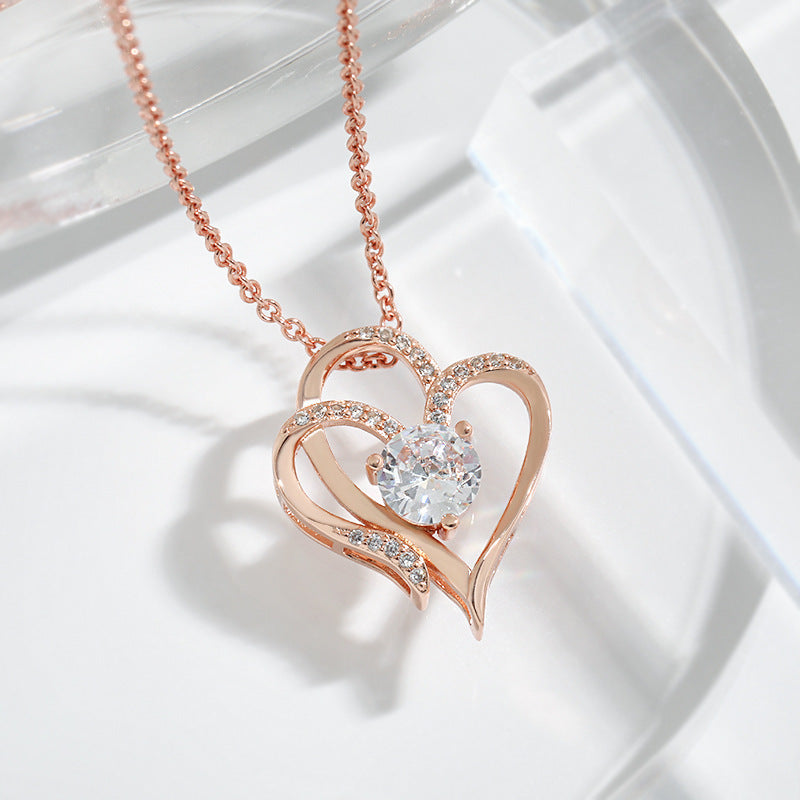 Zircon Double Love Necklace With Rhinestones Ins Personalized Heart