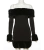 Fur Collar Long Sleeve Off Shoulder Dress
