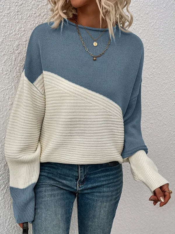 Women's Knitting Sweater Stitching Contrast Color Pullover Top