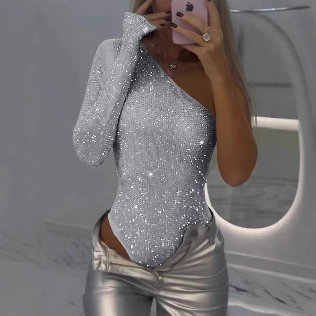 Hot Girl Sexy One-shoulder Tight Rhinestone Sequins Top