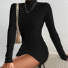 Women's Solid Color Hollow-out Long Sleeve Half Turtleneck Hip Skirt