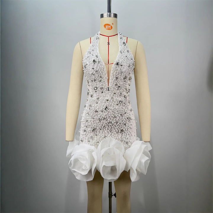 White Halter Beaded Mini Dress