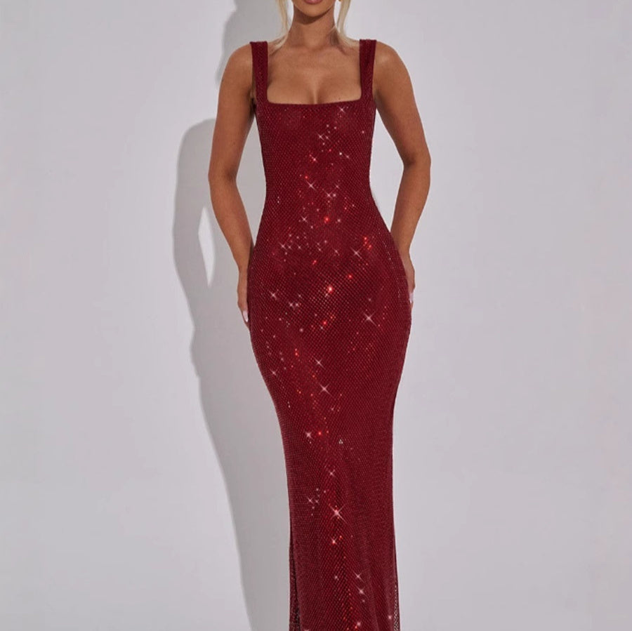 Seraphina | Women's Shimmer Mesh Maxi Dress with Square Neck and Slim Fit Silhouette